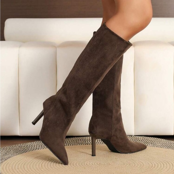 Brown faux suede knee high boots pointed toe heeled boots - Picture 3 of 5